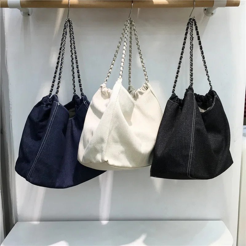 Large Capacity Denim Canva Tote Bag Womens Shoulder Bag Chain Ins Style Korean Fashion Shoulder Handbag 240907