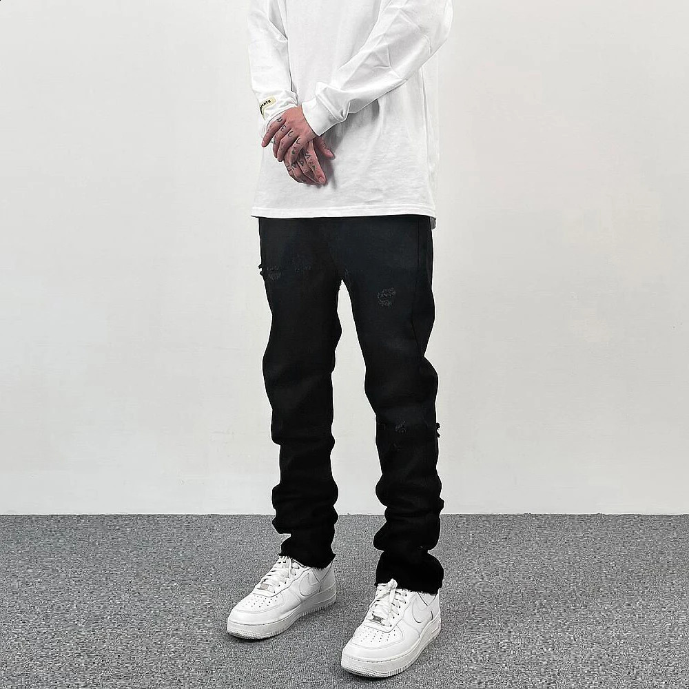 Original Tie-dyed Ripped Flared Denim Jean for Men Streetwear Washed Hole Casual Stacked Jeans Pants Mens Slim Fit Jeans 240830