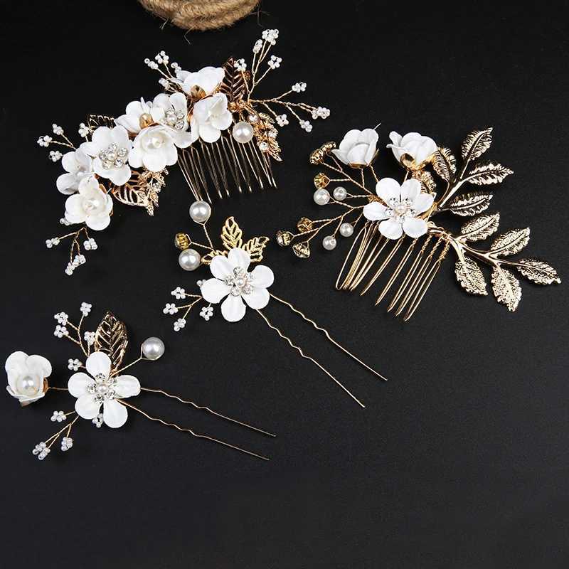 Blue Flower Hairpin Pearls Rhinestone Combs Headdress Prom Bridal Wedding Hair Accessories Gold Leaves Tiara Crown Hair JewelryX240913