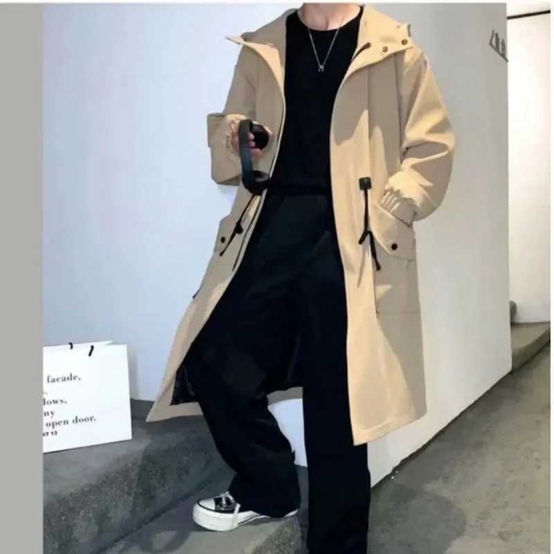 2023 Spring Autumn Army Green Windbreaker Fashion Men Mid-length Casual Hooded Coat Men Daily High Street Overcoat Male Clothes Y240913