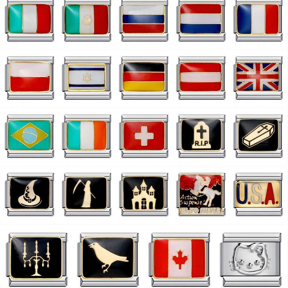 Flag, Beads, Bracelet, , Gold Plated, Enamel Welding Pattern, DIY Bracelet Italian Charm Links Stainless Steel Fit 9mm Bracelet Jewelry DIY Making Gif