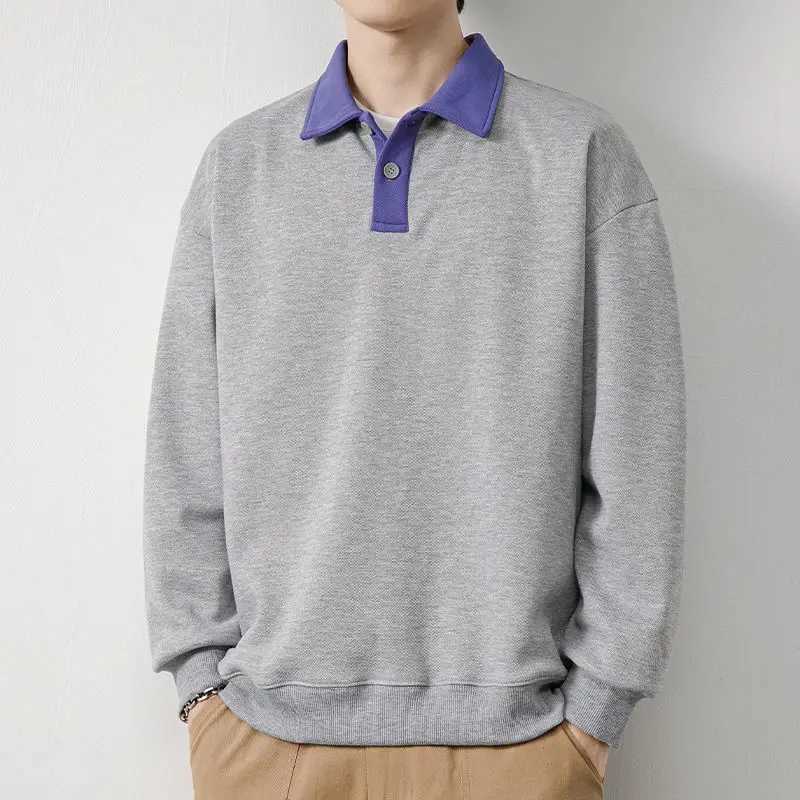 Oversized European and American fashion top with patchwork buttons long sleeves simple solid color decal polo shirt W240913