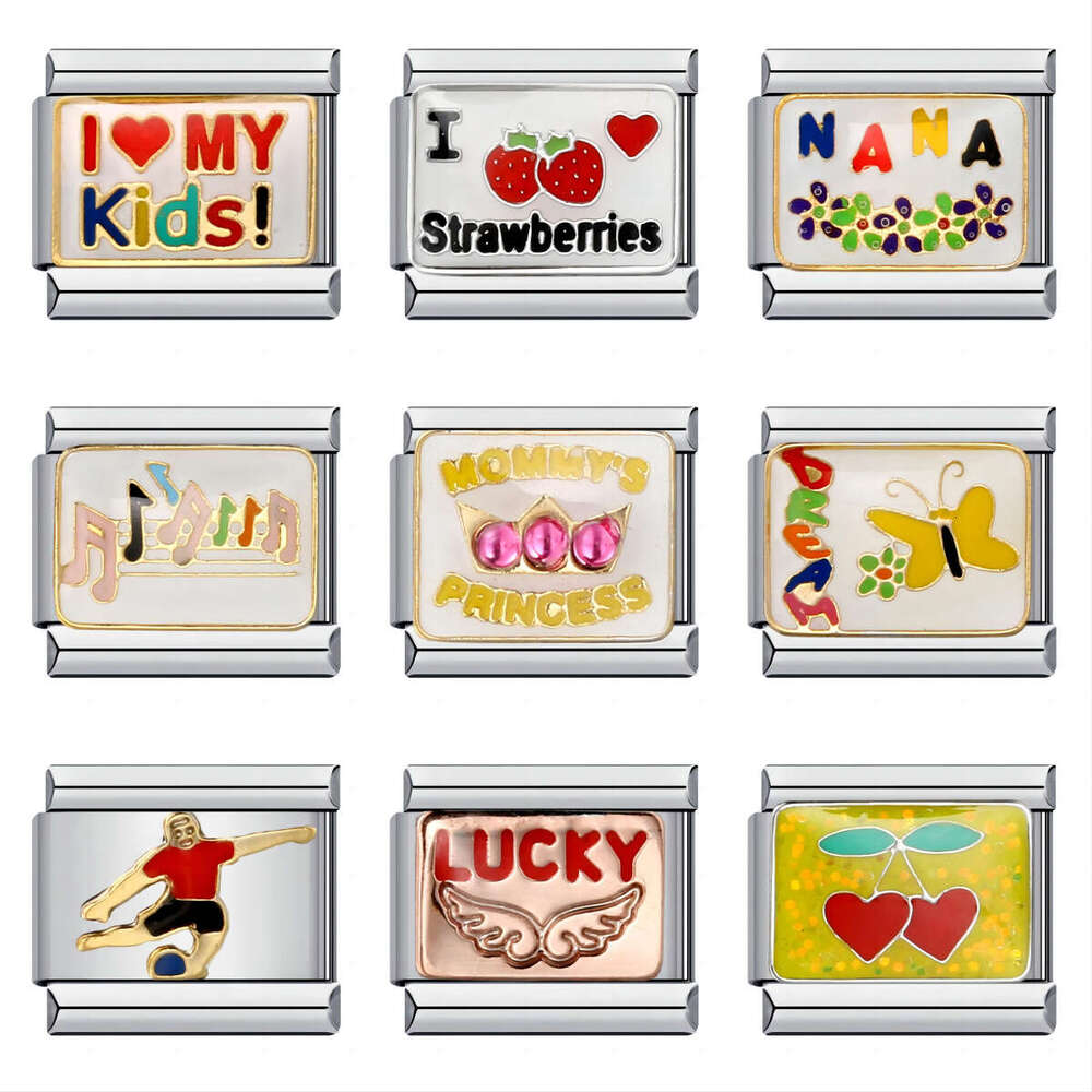 New Titanium Steel Gold Plated Welding Pattern DIY Module Italian Charm Bracelet Links Stainless Fit 9Mm Jewelry Making Gifts