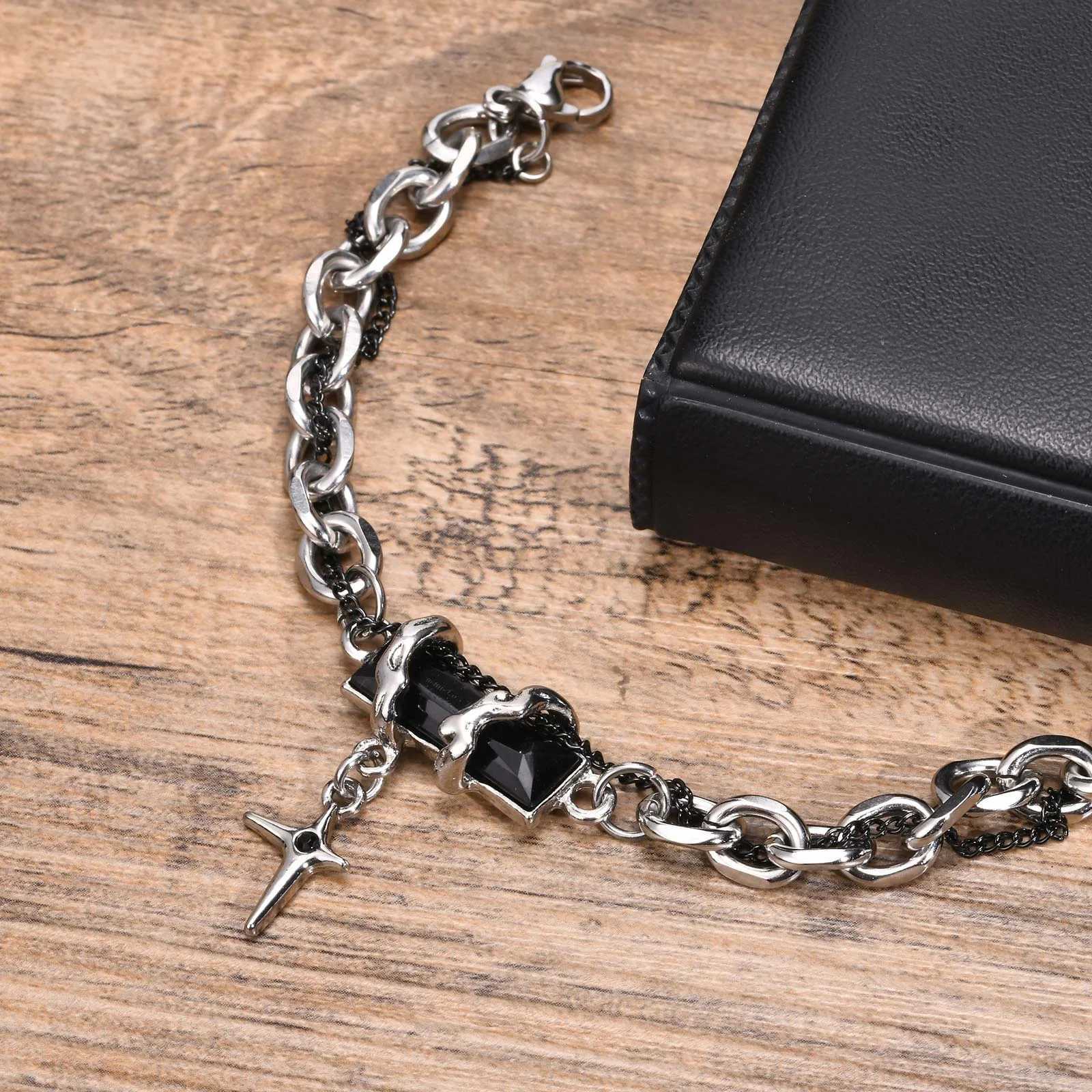 Retro Black Zircon Star Bracelet for Men BoysTrend Stainless Steel Stacked Chain WristbandAdjustable Hiphop Jewelry GiftsX240913