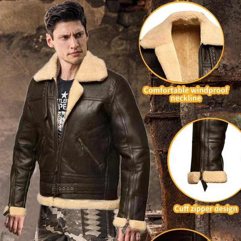 2023 Fashion PU Jacket Bomber-Coat Motorcycle Faux-Sheepskin Winter Men New Turn-Down Thick Collar Casual Coats Streetwear MaleX240913
