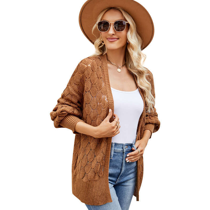 V-neck hollowed out long sleeved cardigan loose knitted jacket