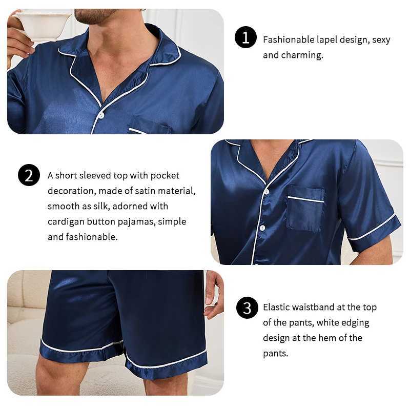 2pcs/Set Mens Pajamas Set For Summer Black Short Sleeve Button Down Shirt Top Shorts Sleepwear Loungewear Shorts Suit Pyjamas Y240913