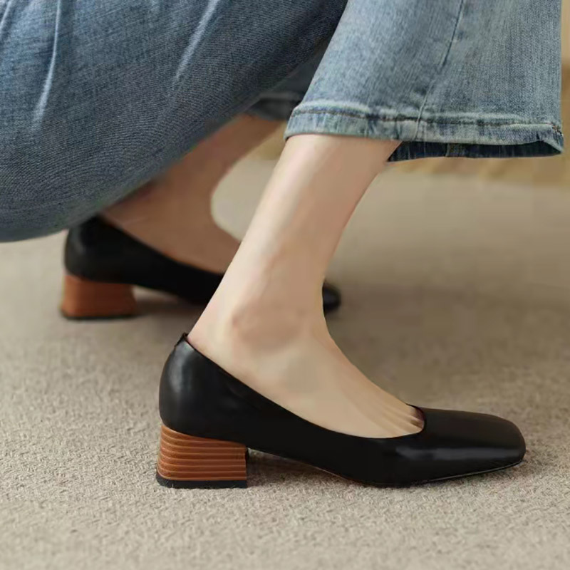 Women's Mid Heels Pumps Square Toe Boat Shoes for Women Dress Shoes Concise Office Lady Shoes Slip on Wood Heels Autumn 9822N