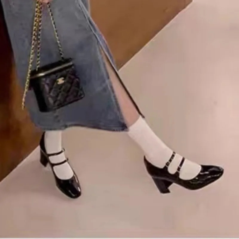 New Mary Jane Fashion Round Toe Solid Color High Heels Buckle Single Shallow Mouth er Womens Party Dress Shoes 240904