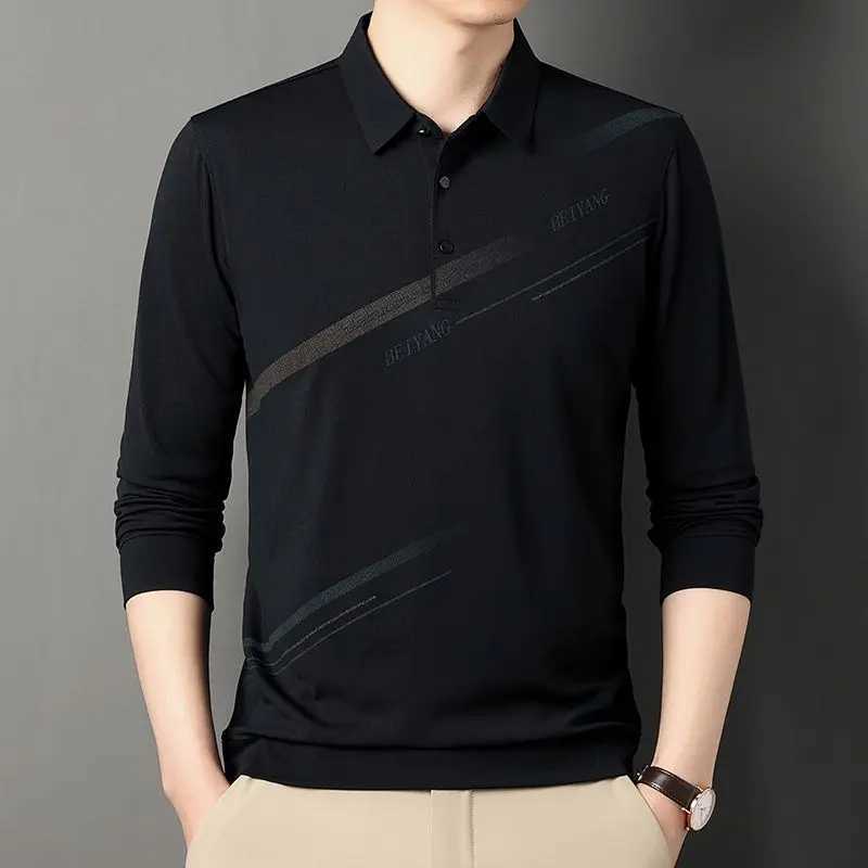 Smart Casual Mens Long Sleeve Striped Polo Shirt Streetwear New Mens Dress Spring and Autumn Thin Collar Business Fashion Loose Top W240913