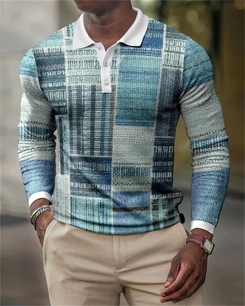 Mens casual spring and summer long sleeved polo shirt mens T-shirt geometric splicing printed clothing top-level T-shirt W240913