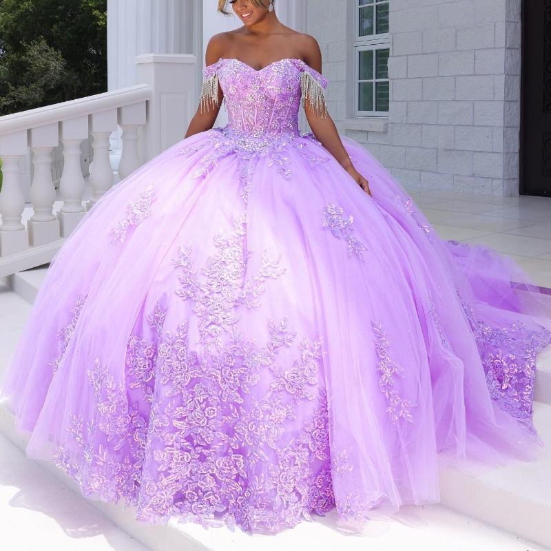Mexican Lilac 2024 Quinceanera Dresses Sweet 16 Dress Applique Lace Beads Tull Ball Gown Corset Vestidos De 15 Anos
