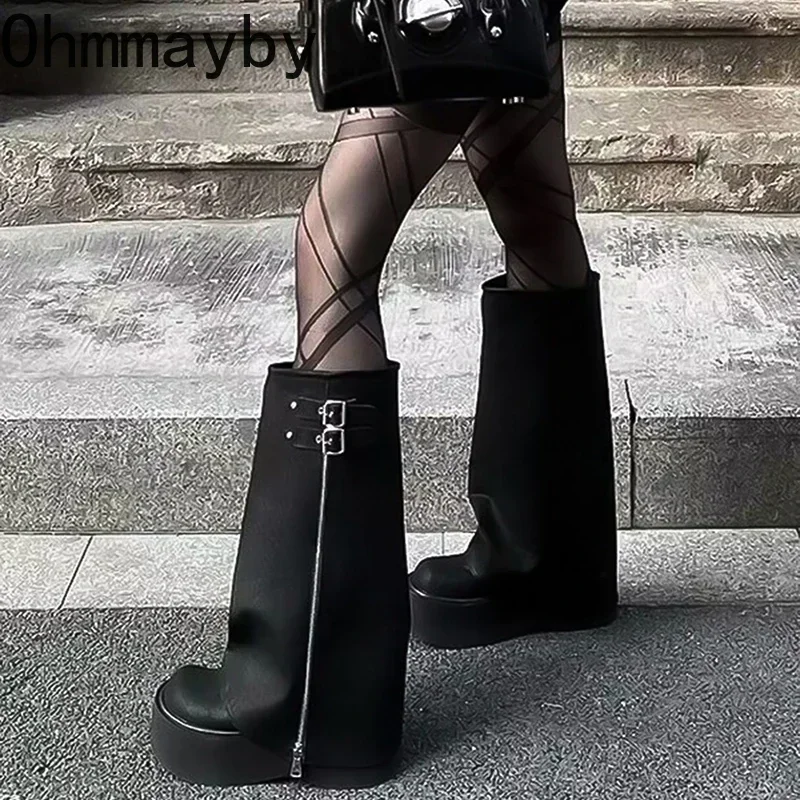 Women Chunky Knee-High Boots Fashion Belt Buckle Platform Heel Trouser Knight Booties Retro Style Female Shoes 8b6b
