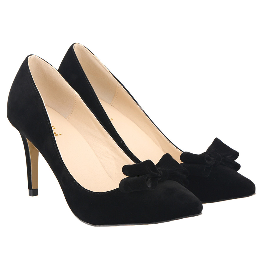 Sweet Bowknot Shallow Women Shoes New Autumn Pointed Toe High Heels 8CM Pumps Female Solid Flock Red Black Lady Work Bride Shoes