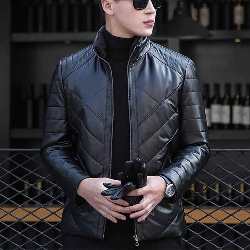 Genuine Leather Jacket For Men 2022 Winter Thick Warm Business Man Korean Fashion Mink Fur Stand Collar Coat Twill Check VesteX240913