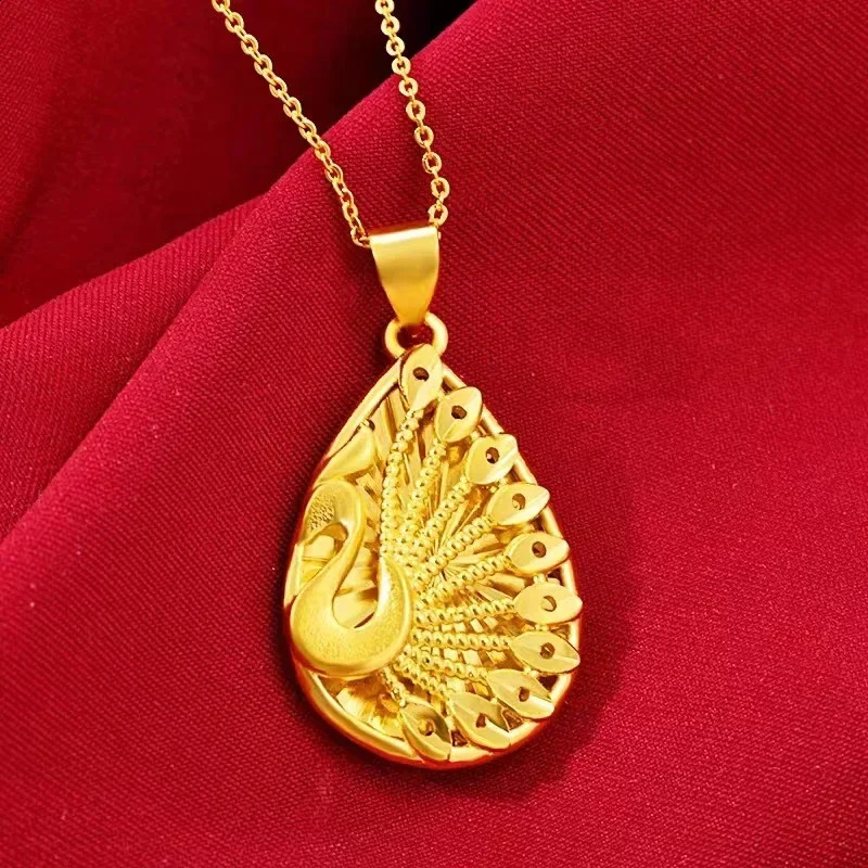 Pure gold 999 real 24K water drop peacock pendant wedding ancient necklace hollow women Necklace AU750 240912