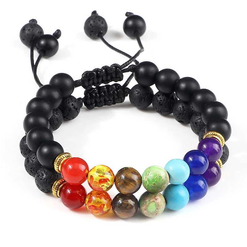 Mens 8mm natural bead bracelet with fused rock 7 chakras adjustable womens rope chain yoga couple bracelet W240913