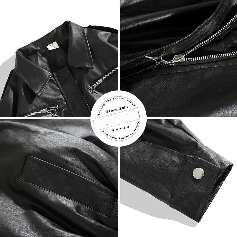Mens Motorcycle Racing PU Leather Jacket Autumn Winter Hong Kong Style High Street Long Sleeve Loose Hip Hop Short Zipper CoatsX240913