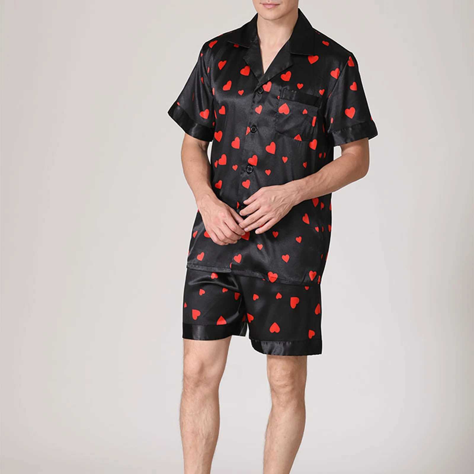 Men Silk Satin Pajamas Sets Short Sleeve Sleepwear Button-Down PJs Sets Summer Loose Two-Pieces Loungewear Y240913