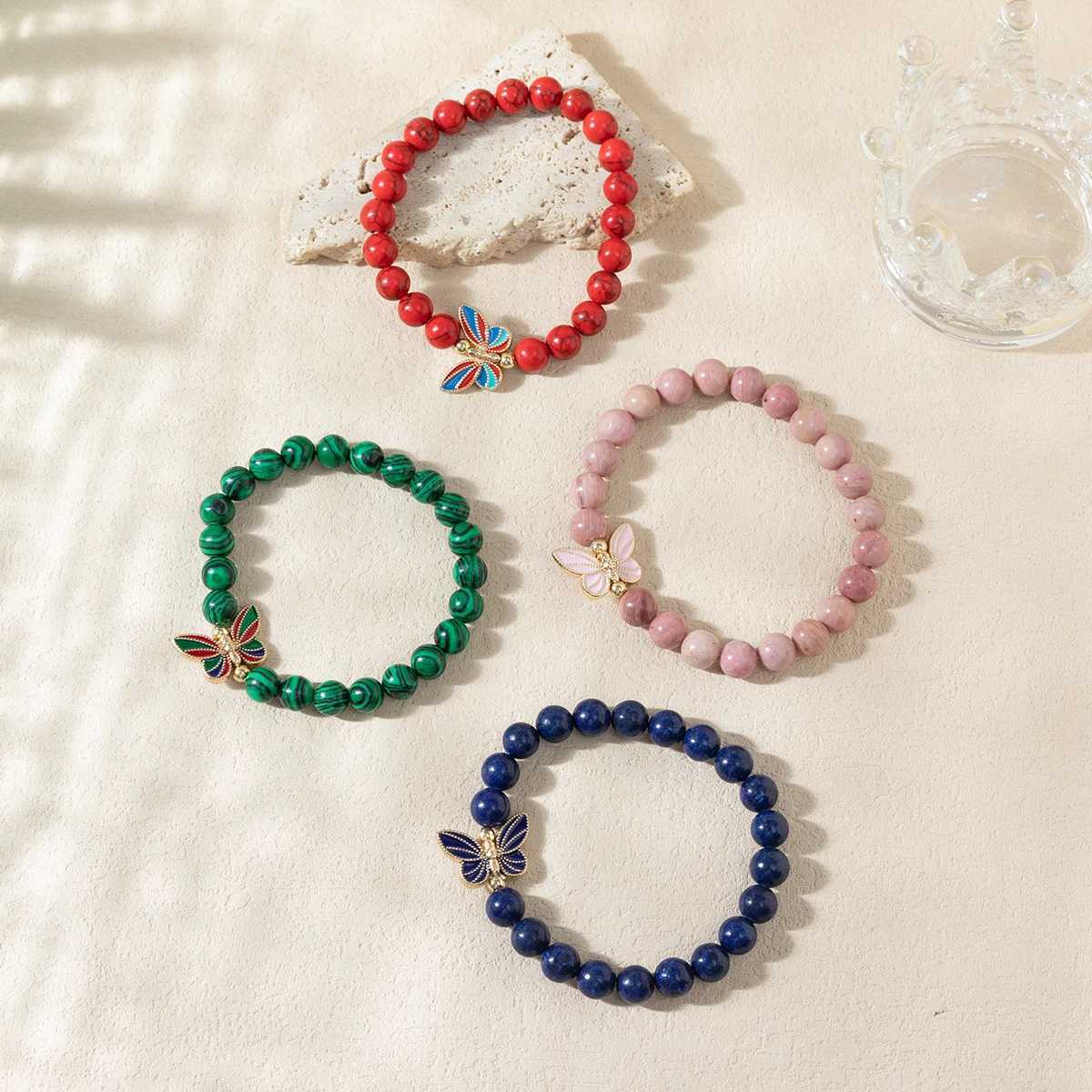 Kirykle Enamel Butterfly Bead Bracelet 8mm Natural Celestite Peacock Bead Elastic Bracelet Womens Healing Spiritual Jewelry W240913