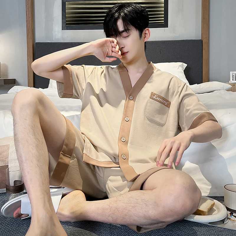 Japan Kimono Mens Sleepwear Summer Cotton Short Sleeves Pajamas Set Casual Loungewear for Man Cardigan Leisure Pijamas Dropship Y240913