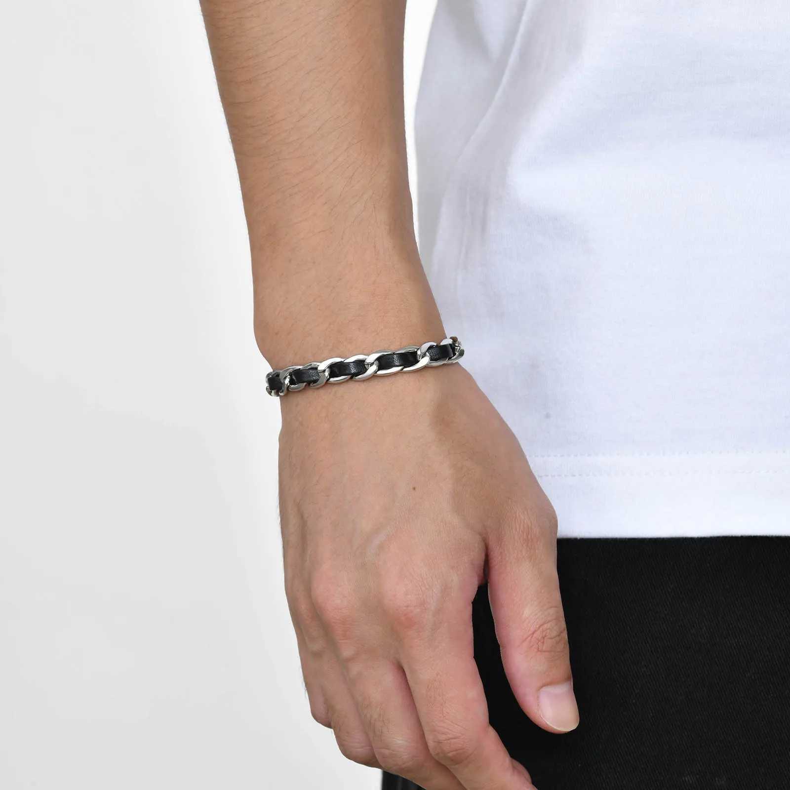 Mens Black Leather Chain Bracelets Waterproof Stainless Steel Cuban Links Chain Wristband Gift Jewelrypulseira masculinaX240913