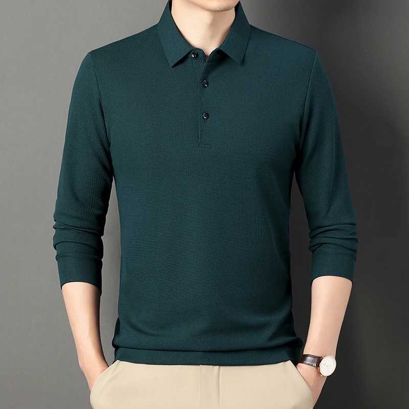 2024 Autumn waffle mens long sleeved polo shirt business casual slim fit elastic top fashion classic solid color mens brand T-shirt W240913
