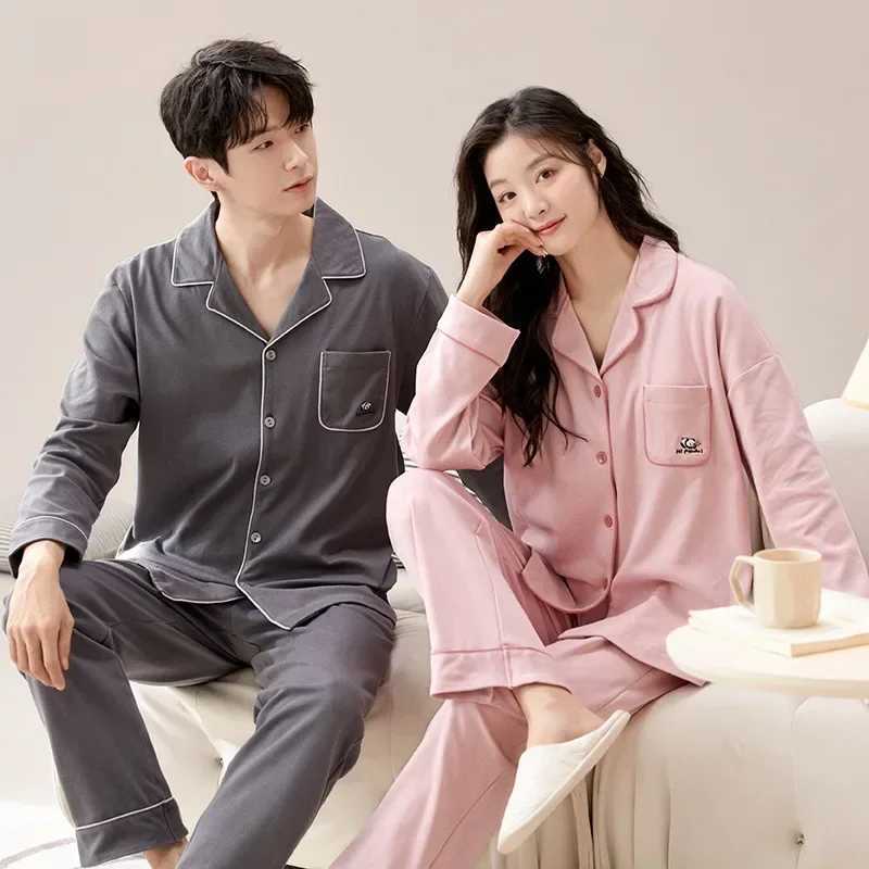 Autumn Cotton Pajama Set Solid Home Clothes For Couples Men Women Long Sleeve Bedwear Cardigan Sleepwear Female Male Pjs Pyjamas Y240913