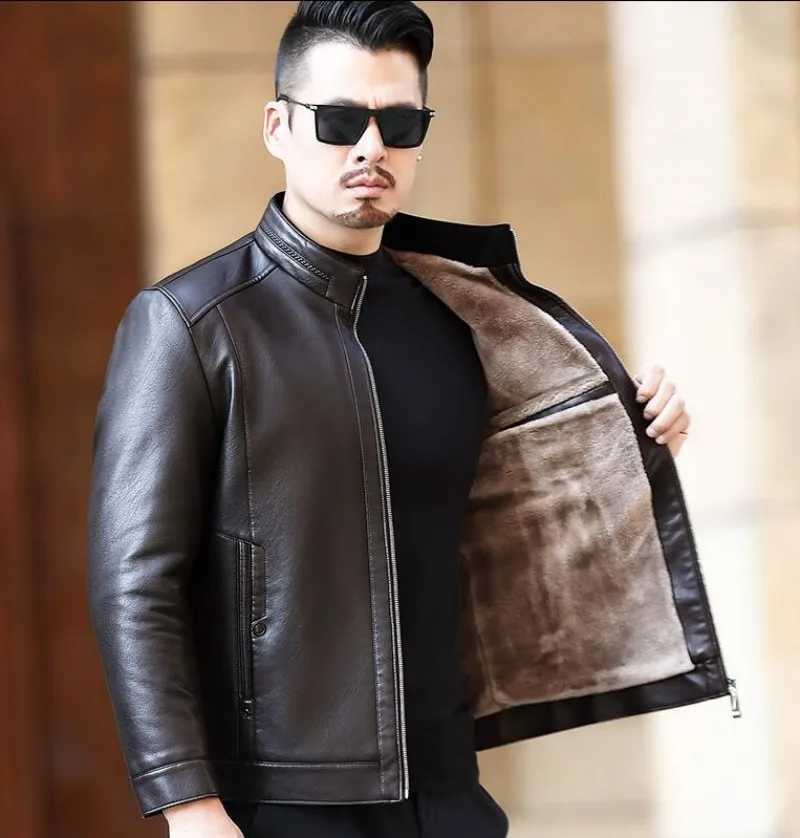 Men Leather Jacket Mens Stand-up Collar Business Casual Fur One-piece Mens Super Soft SE Plush Liner Warm JacketX240913