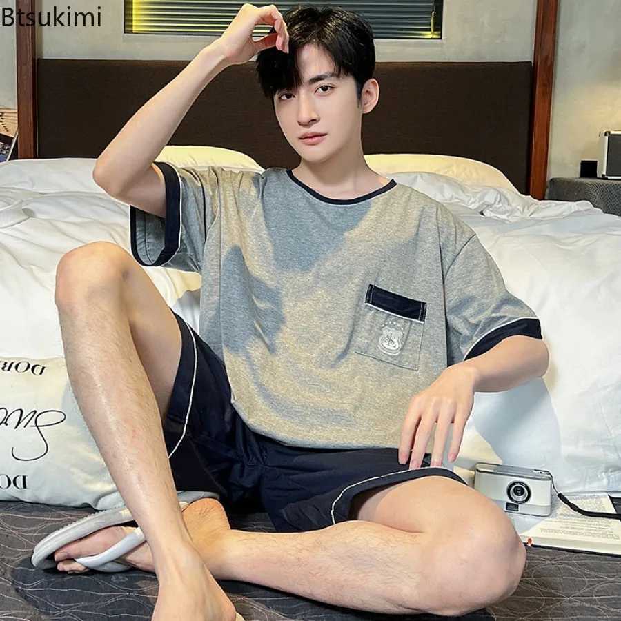 Summer New Cotton Casual Pajamas Two Piece Sets Mens Fashion Patchwork Loose Breathable Home Wear Simple Lounge Nightwear Suits Y240913