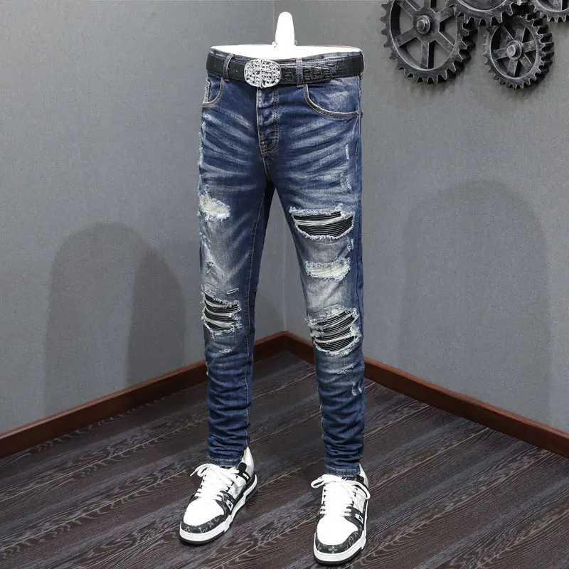 Street Fashion Men Jeans Retro Dark Blue Stretch Skinny Fit Ripped Jeans Hole Leather Patched Designer Hip Hop Brand Pants Men M240912