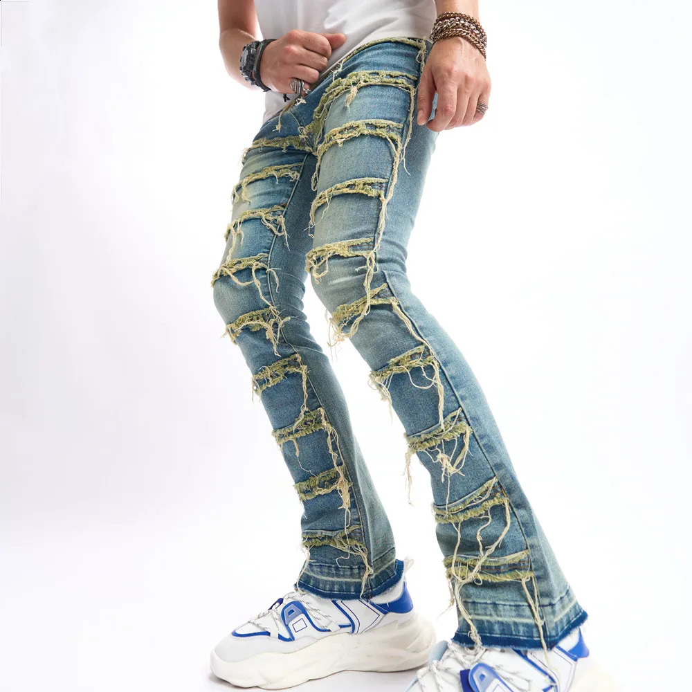 Men Retro Style Stacked Spliced Slim Straight Biker Jeans Pants Streetwear Male Casual Denim Trousers 240912