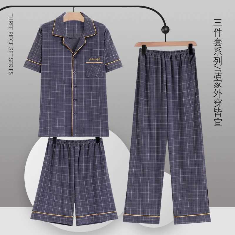 Cardigan Plaid Tops+Shorts+Long Pants 3 Piece Set Men Pajamas Sets Soft Cotton Nightwear Summer Pyjamas Male Sleepwear Pijamas Y240913