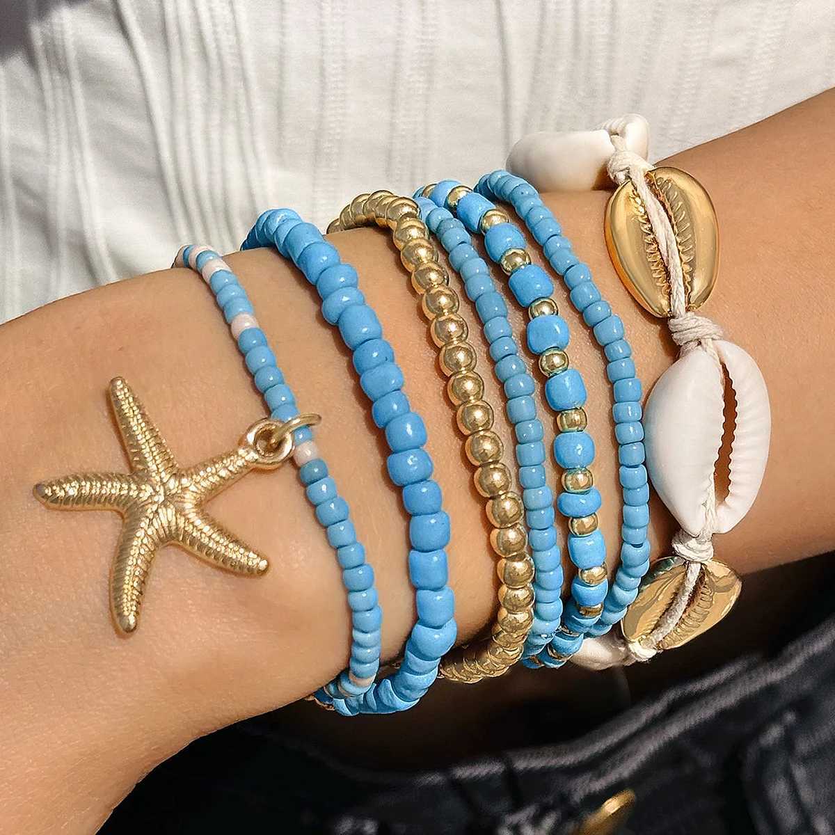 Duo Kona Bohemian Shell Starfish Bracelet Set Womens Beach Meat Multi Layer Bracelet Jewelry Party 7 Pieces/Set 25134 W240913