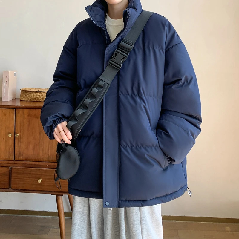 Leisure autumn and winter mens warm cotton lined jacket loose and thick Parkas solid color windproof down jacket 240909