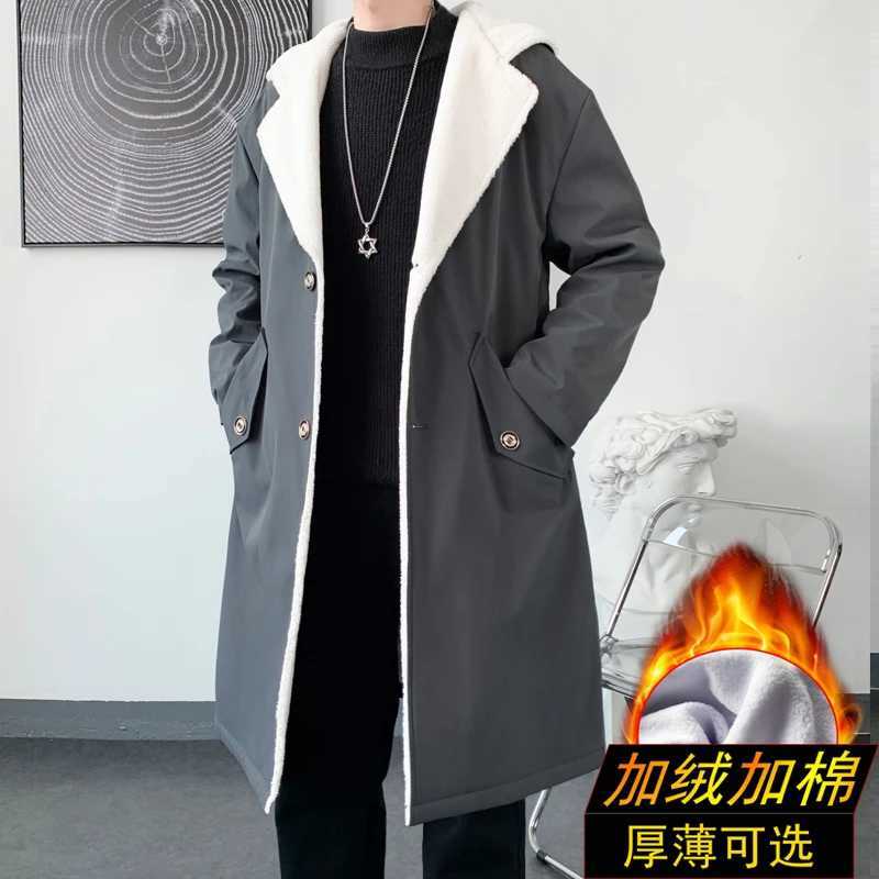 Mens Windbreaker Long Fleece Trench Coat Harajuku Mid-Length Casual Hip Hop Hooded Outwear Streetwear Overcoats Y240913