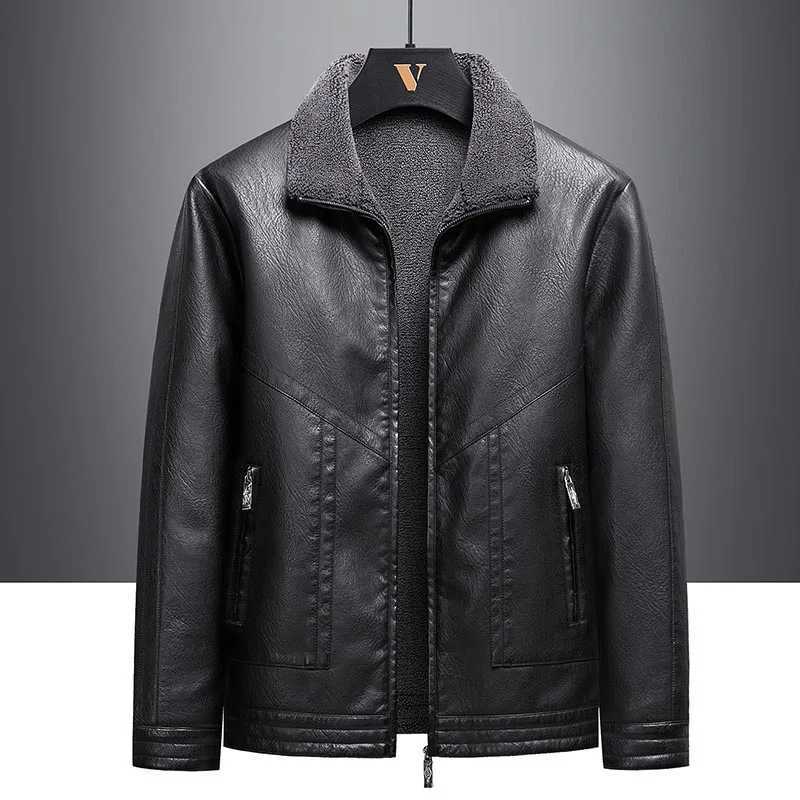 Faux Leather Biker Jacket with Faux Fur Trim for Men Cashmere Blend Sleeves and Wide Waist DesignX240913