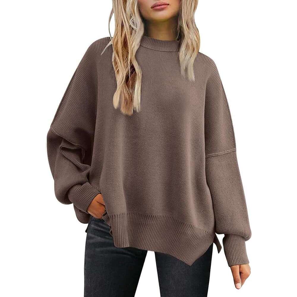 Women's round neck batwing long sleeved 2023 autumn knitted side slit pullover sweater for women