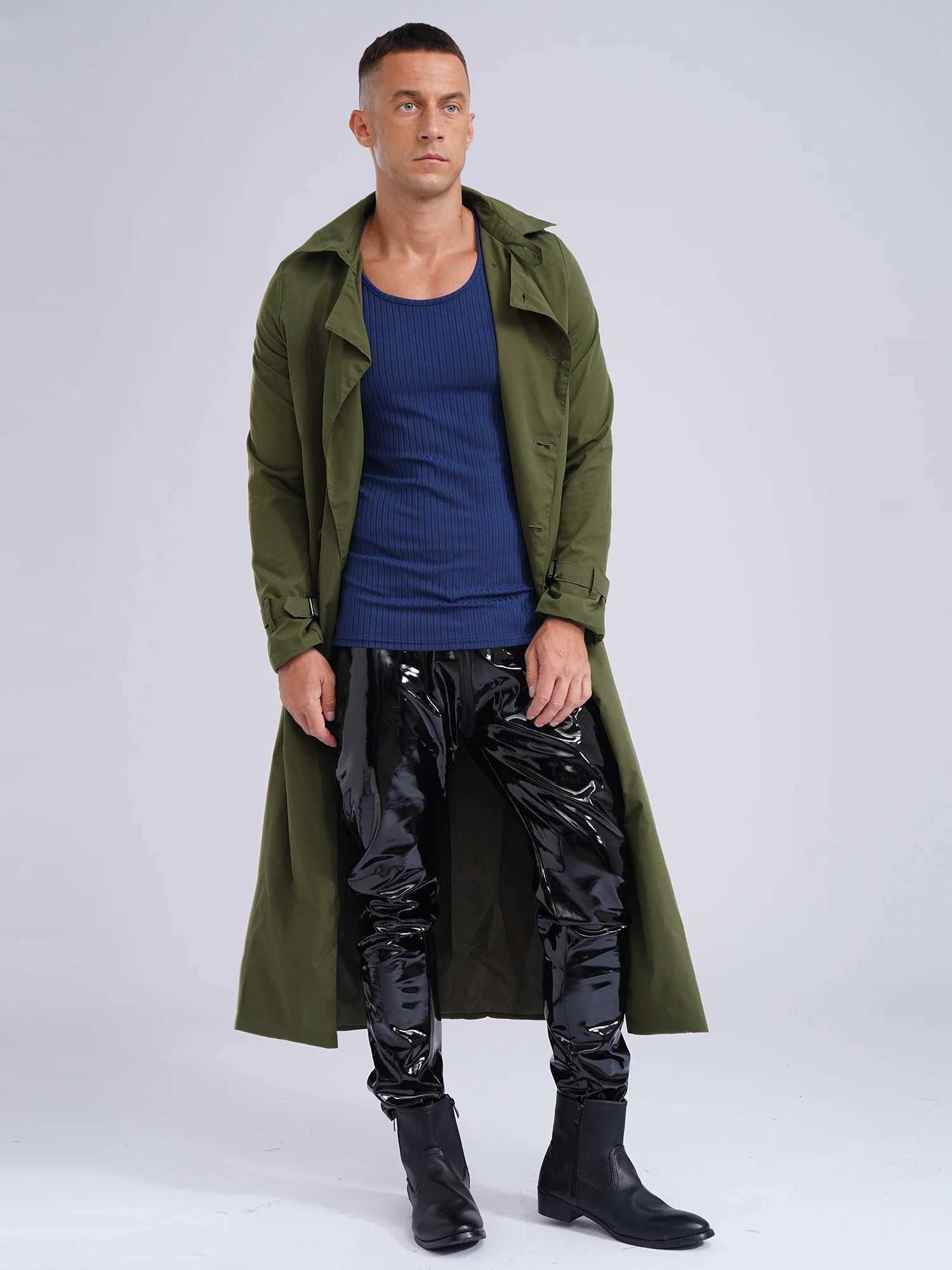 men Motorcycle long jacket double-breasted trench coat Outerwear daily casual wear Long Sleeve Jacket Overcoat with Belt Y240913