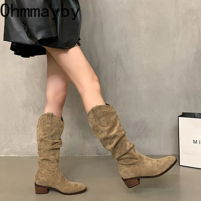 Style Retro Women Western Cowgirl Boots Fashion Slip On Shoes Autumn Winter Square Low Heel Ladies Knight Long Booties 5ff1