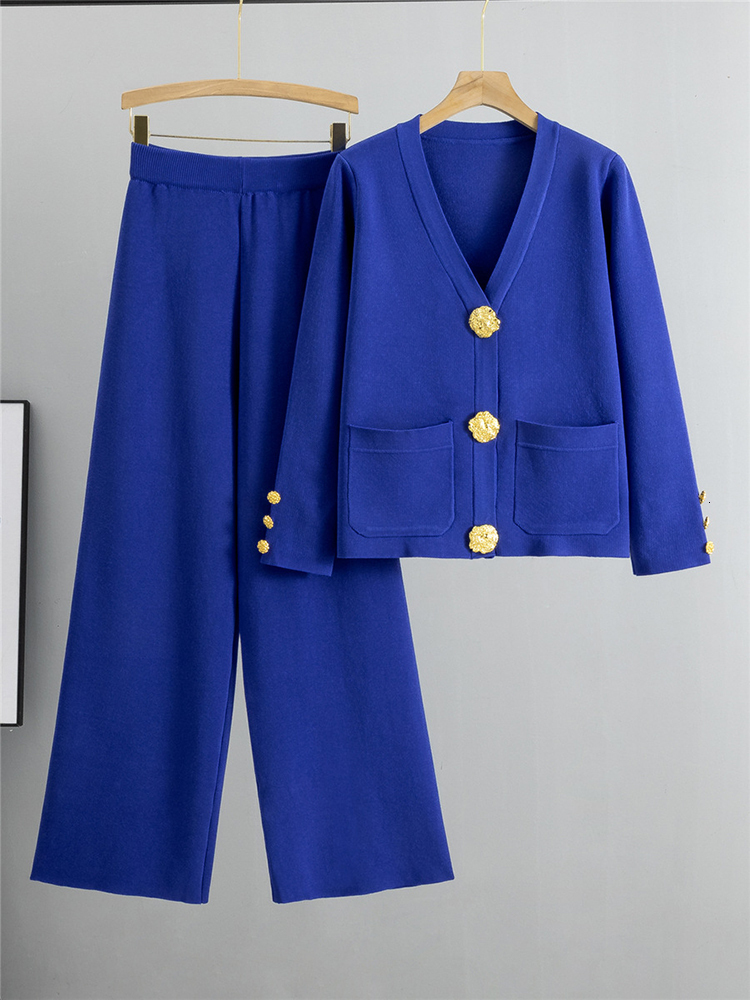 Fall Winter Women's Knit Sweater Sets New Large Gold Button V-Neck Cardigan Coats Conjunto High Waist Baggy Wide Leg Pants S