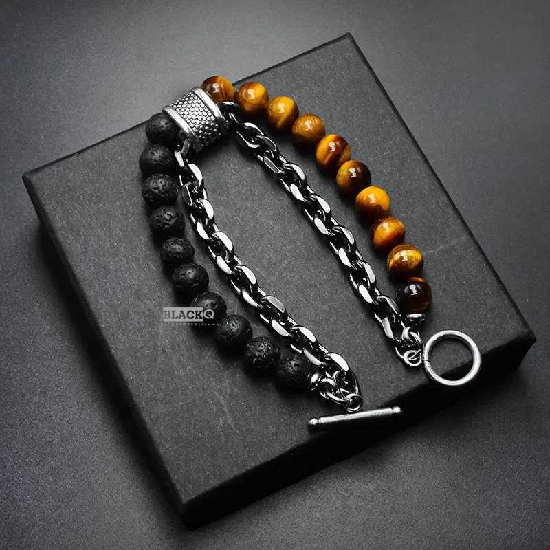 2-layer frosted black stainless steel chain bracelet mens tiger eye natural stone bead bracelet mens bead bracelet W240913