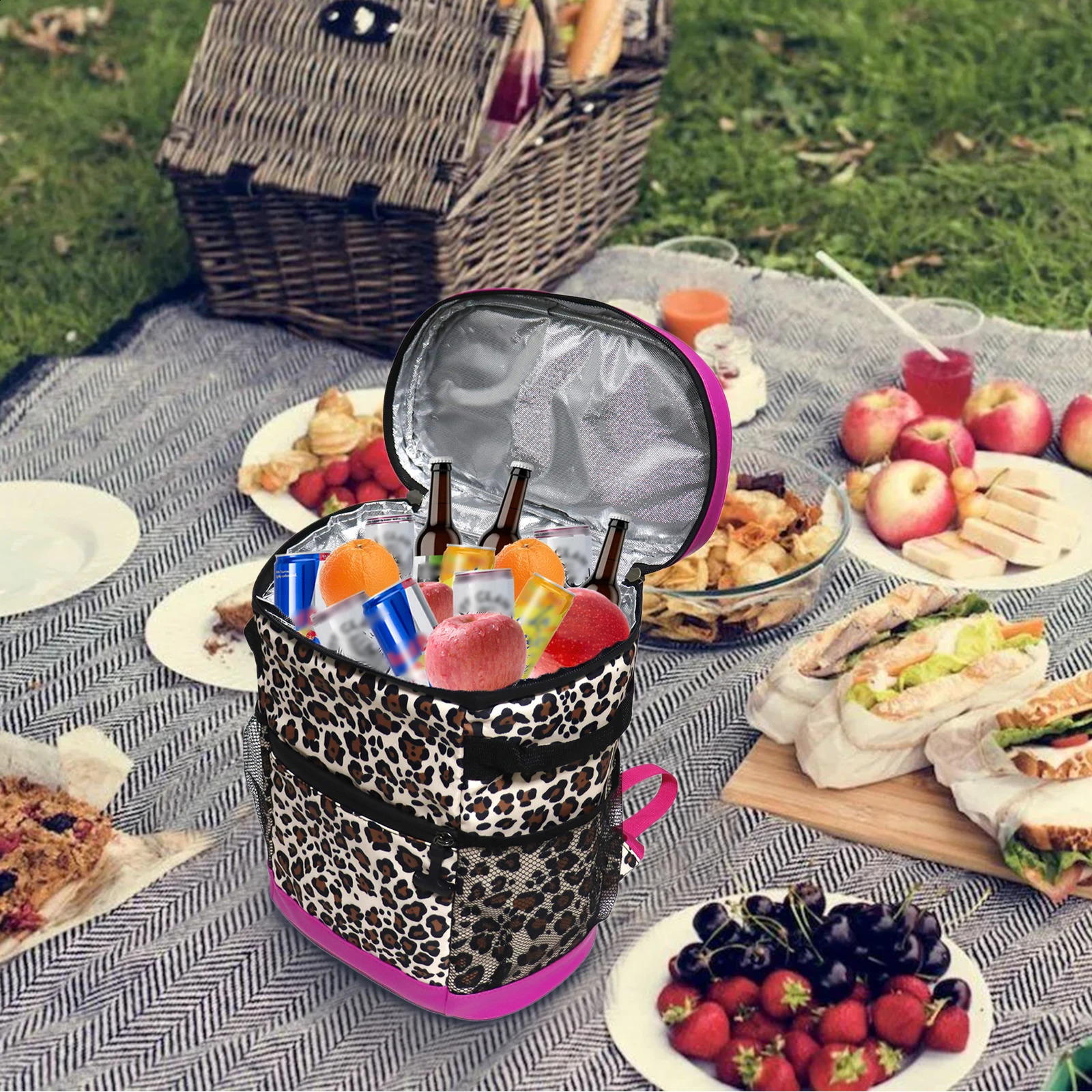 2025 new Portable Leopard Printed Waterproof Camping Travel 18l Large Capacity Leak proof Backpack Cooler Lunch Bag with Thermal Insulation 240910