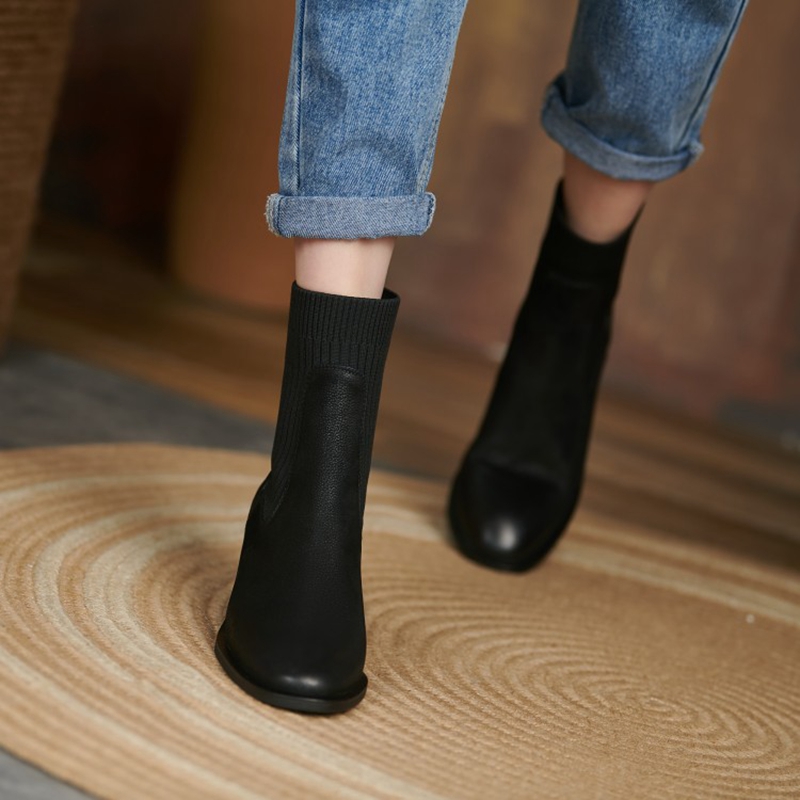 NEW Ankle Boots for Women Genuine Leather Round Toe Chunky Heel Winter Modern Boots Women Concise Vintage Knitting Short Boots