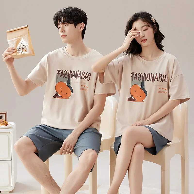 Cartoon Cute Summer Cotton Pajamas Set for Couples Women and Men Matching Sleepwear Short Sleeves Sleeping Top Shorts Pijamas Y240913