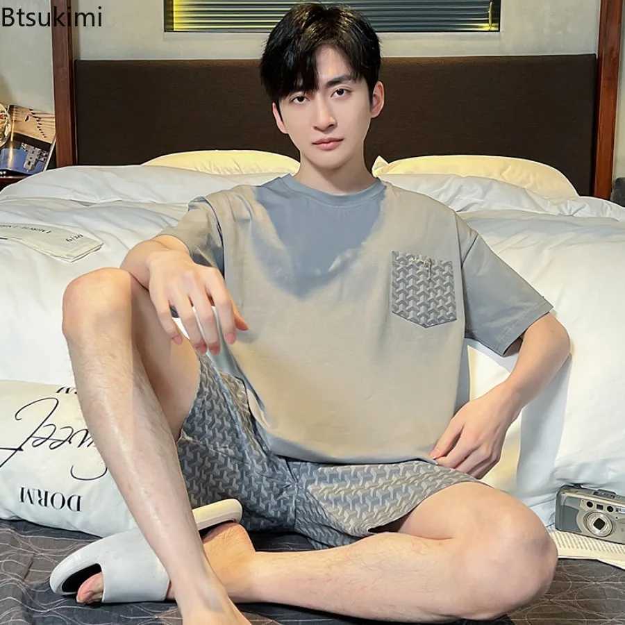 Summer New Cotton Casual Pajamas Two Piece Sets Mens Fashion Patchwork Loose Breathable Home Wear Simple Lounge Nightwear Suits Y240913