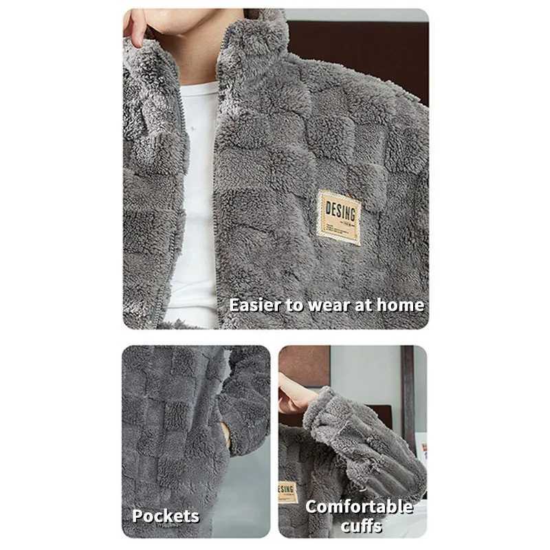 Autumn and Winter Long Plush Mens Pajamas Plaid Flannel Pyjama Pants 2 Piece Home Wear Man Velvet Thickened Sleepwear Zipper Pj Y240913