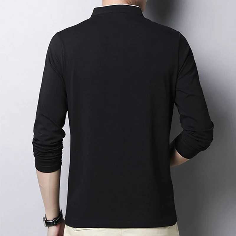 Mens fashionable long sleeved polo shirt casual cotton breathable top stand up collar Korean style comfortable T-shirt top W24091314