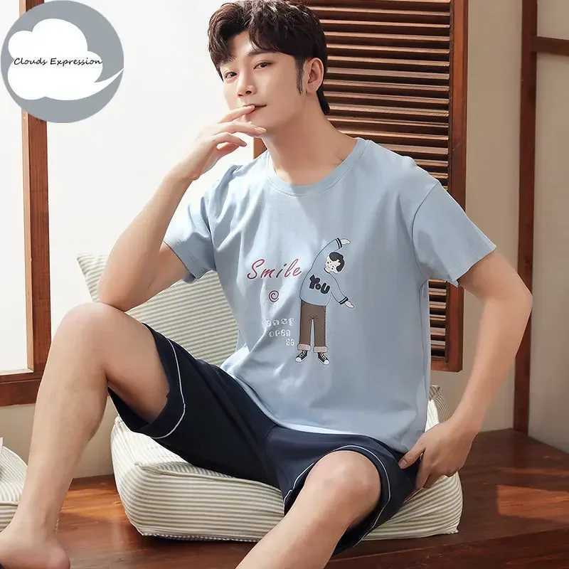 Summer Knitted Cotton Short Sleeved Mens Pajamas Sets Male Pajama Set Letter Pajama For Men Sleepwear Suit Homewear Size xXXXL Y240913