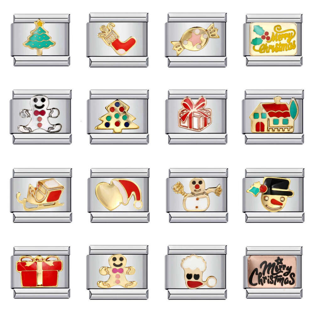 Party DIY Titanium Steel Gold Plated Drip Oil Welding Pattern Italian Module Bracelet Charm Links Stainless Fit 9Mm Jewelry Making Gifts